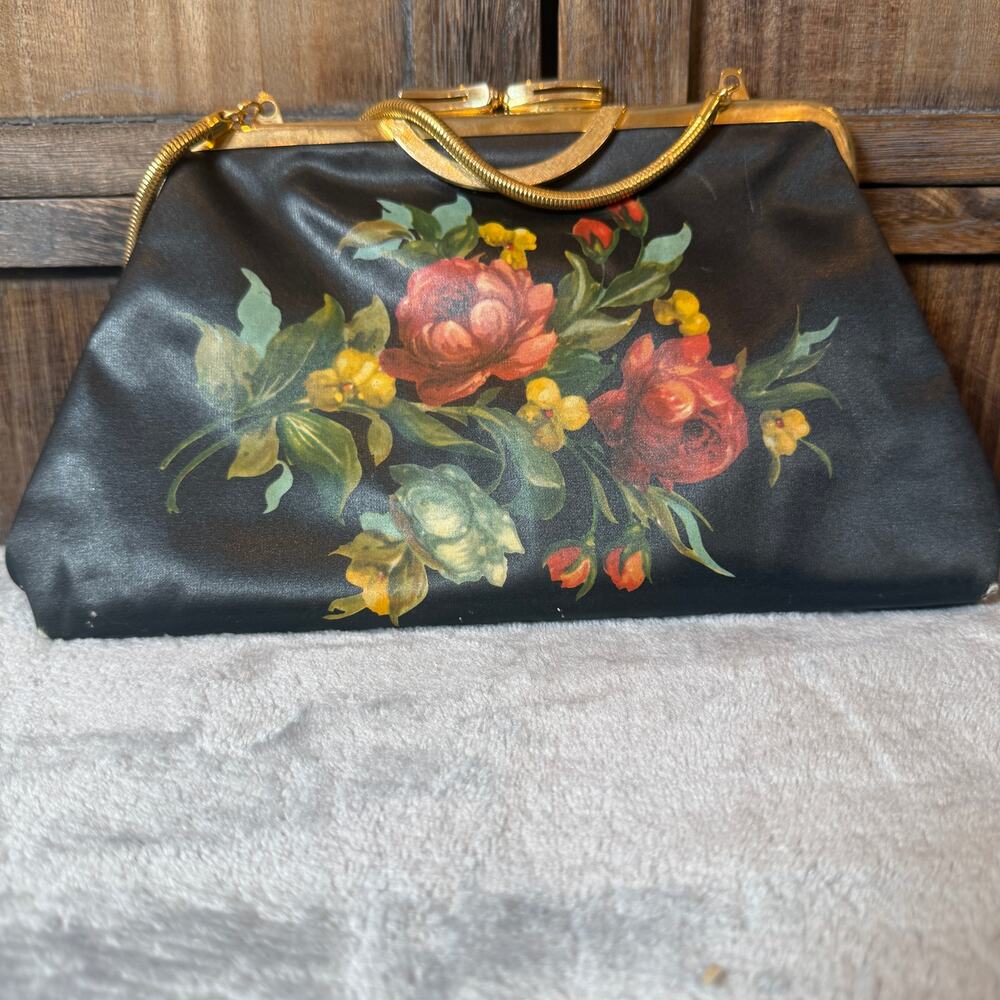 Vintage Black Satin Floral Evening Bag Gold Tone Chain Kiss Lock Clutch Purse